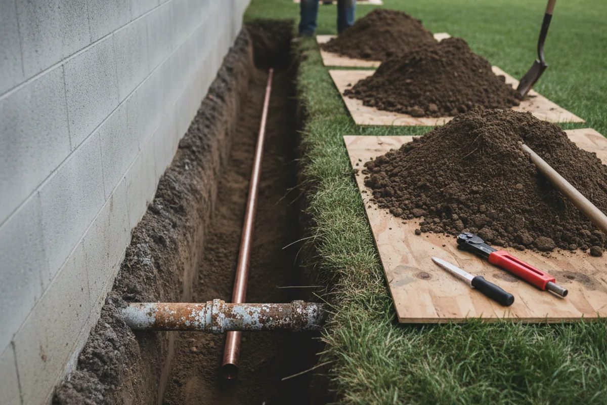 Excavated water line trench during Water Softener Installation in Heltonville